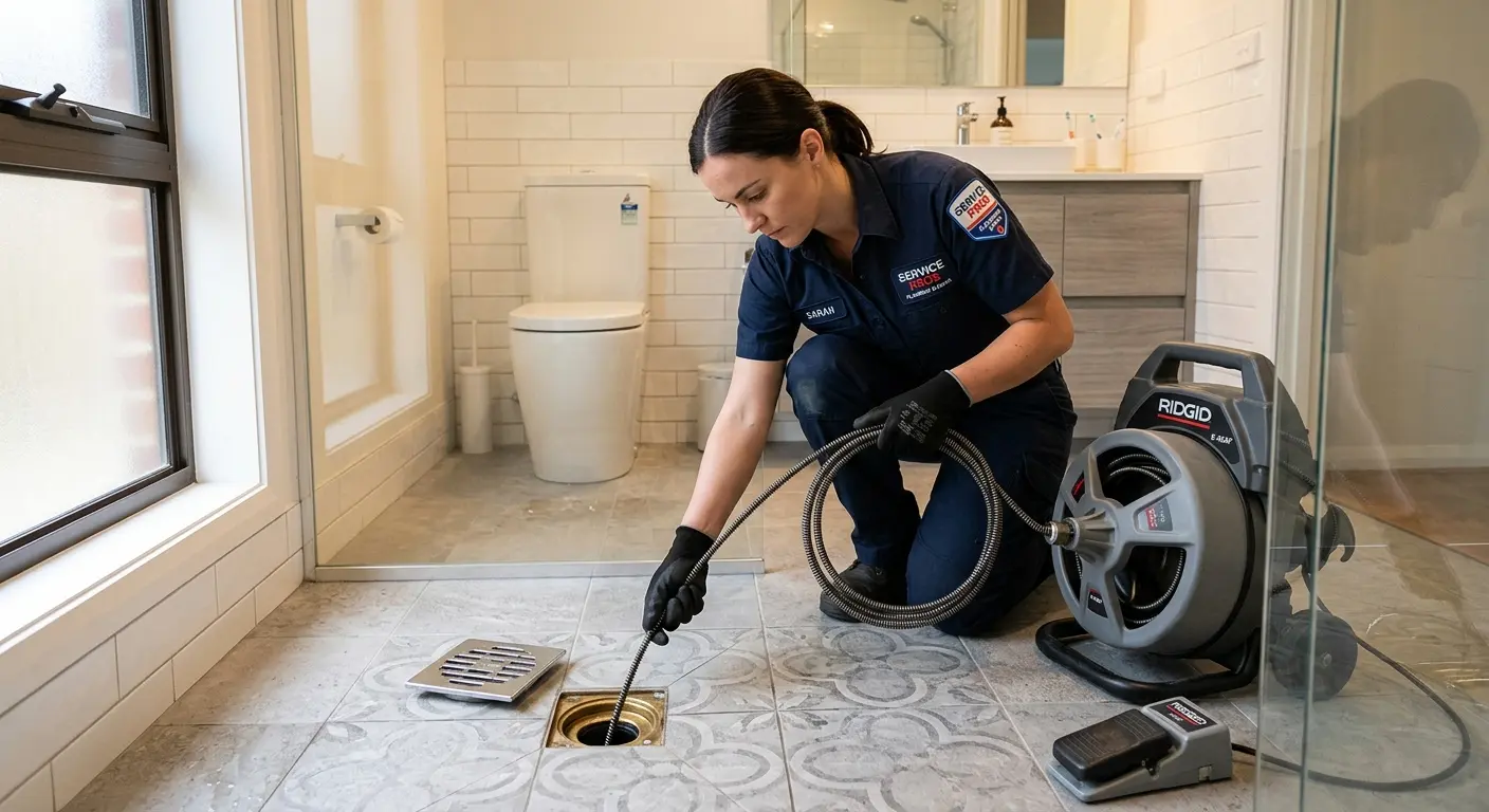 Technician clearing a bathroom floor drain for Sewer Line Installation in Villas